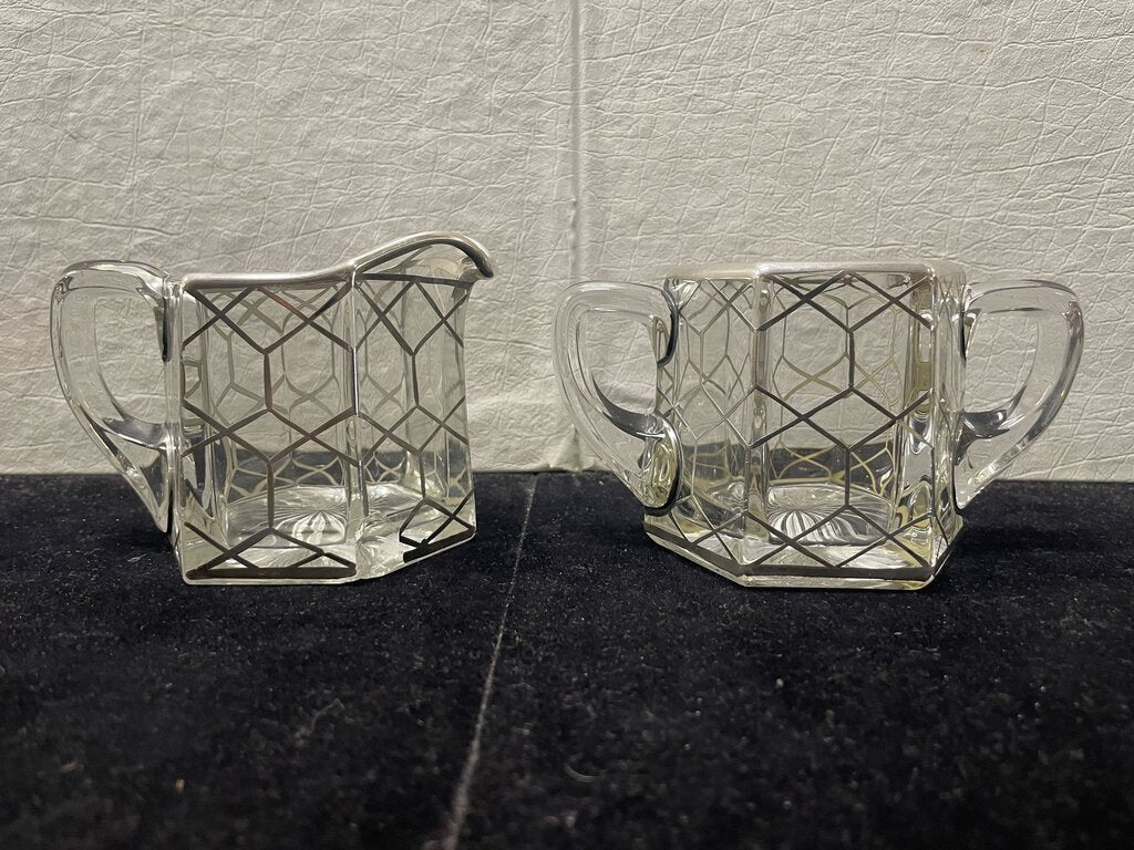 Vintage Sterling Silver Overlay Glass Creamer and Sugar Bowl Set (2Pcs)