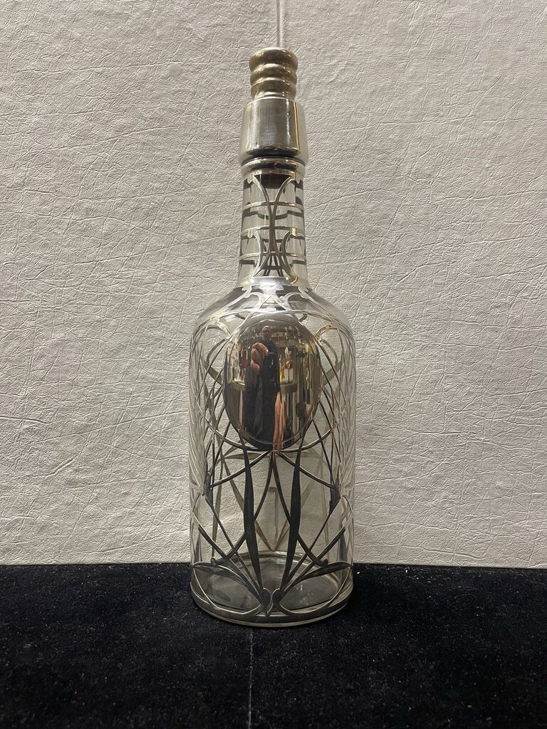 Vintage J.H. Barley Pattern Sterling Silver Overlay Glass Wine Bottle w/ Stopper