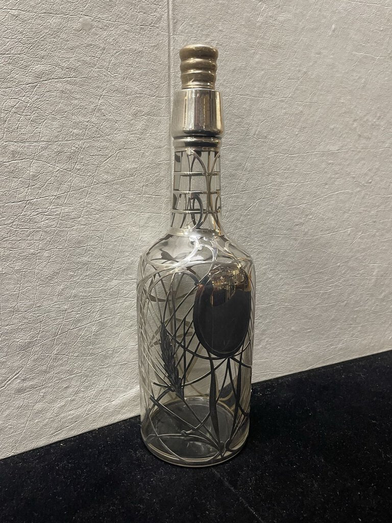 Vintage J.H. Barley Pattern Sterling Silver Overlay Glass Wine Bottle w/ Stopper