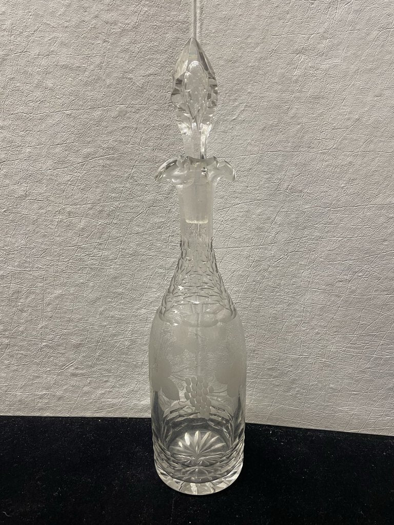 Vintage Cut Glass Etched Grape Motif Wine Carafe w/ Stopper