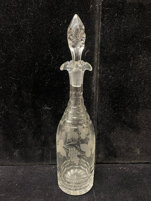 Vintage Cut Glass Etched Grape Motif Wine Carafe w/ Stopper