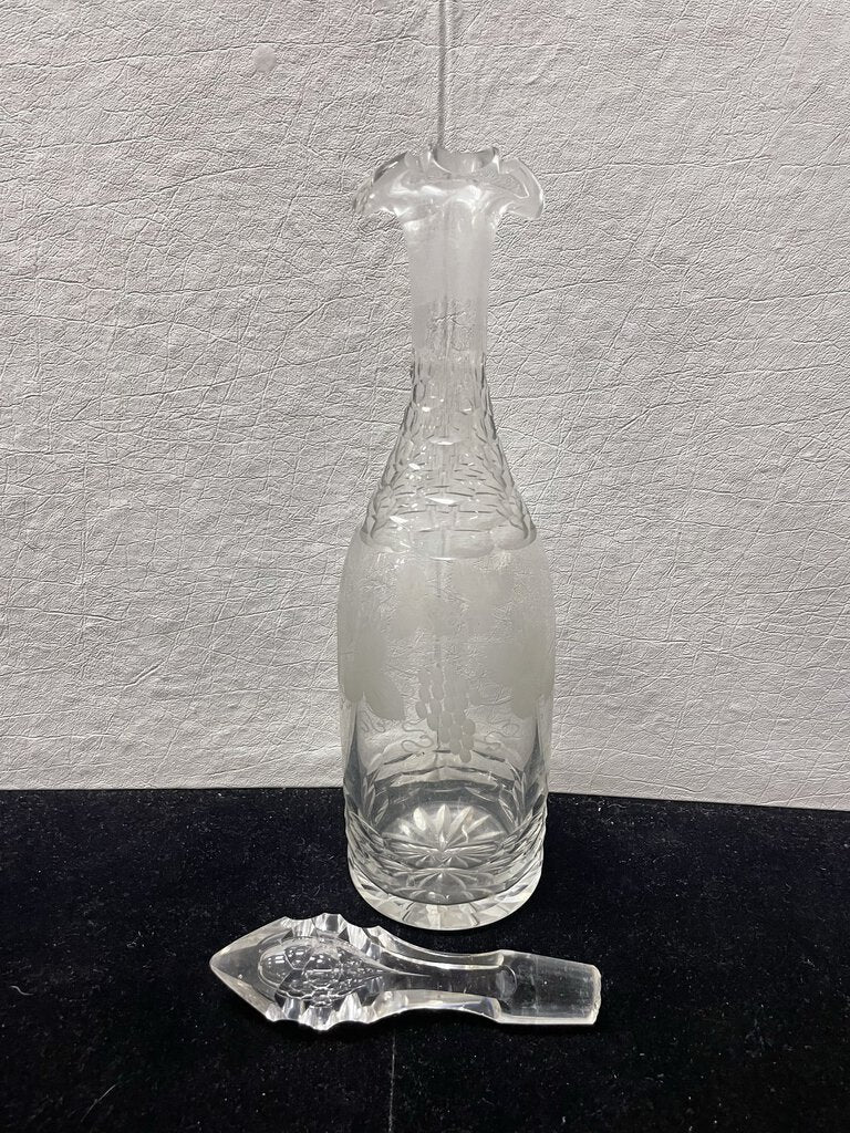 Vintage Cut Glass Etched Grape Motif Wine Carafe w/ Stopper