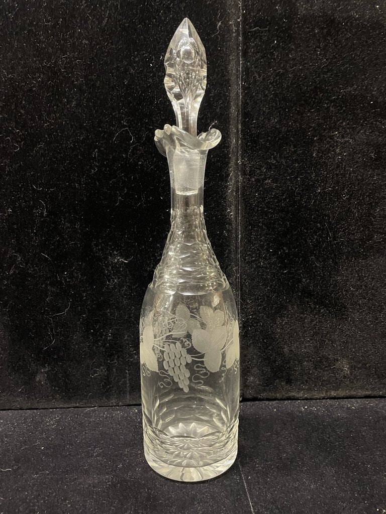 Vintage Cut Glass Etched Grape Motif Wine Carafe w/ Stopper