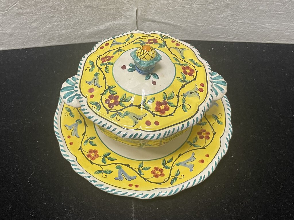 Deruta Italy Hand Painted Lidded Sugar Bowl w/ Tray