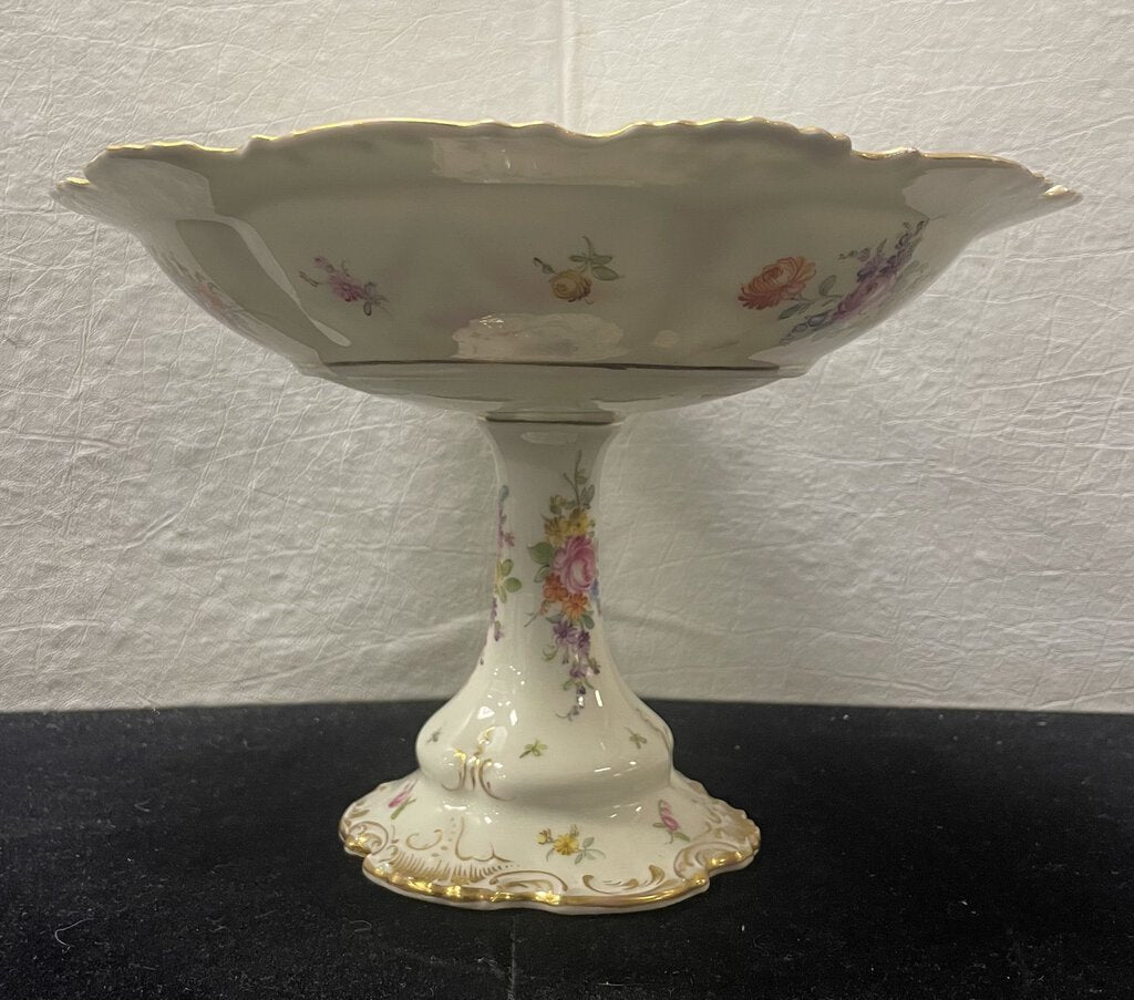 Dresden Floral Gilt Porcelain Footed Pedestal Fruit Bowl