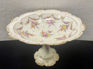 Dresden Floral Gilt Porcelain Footed Pedestal Fruit Bowl