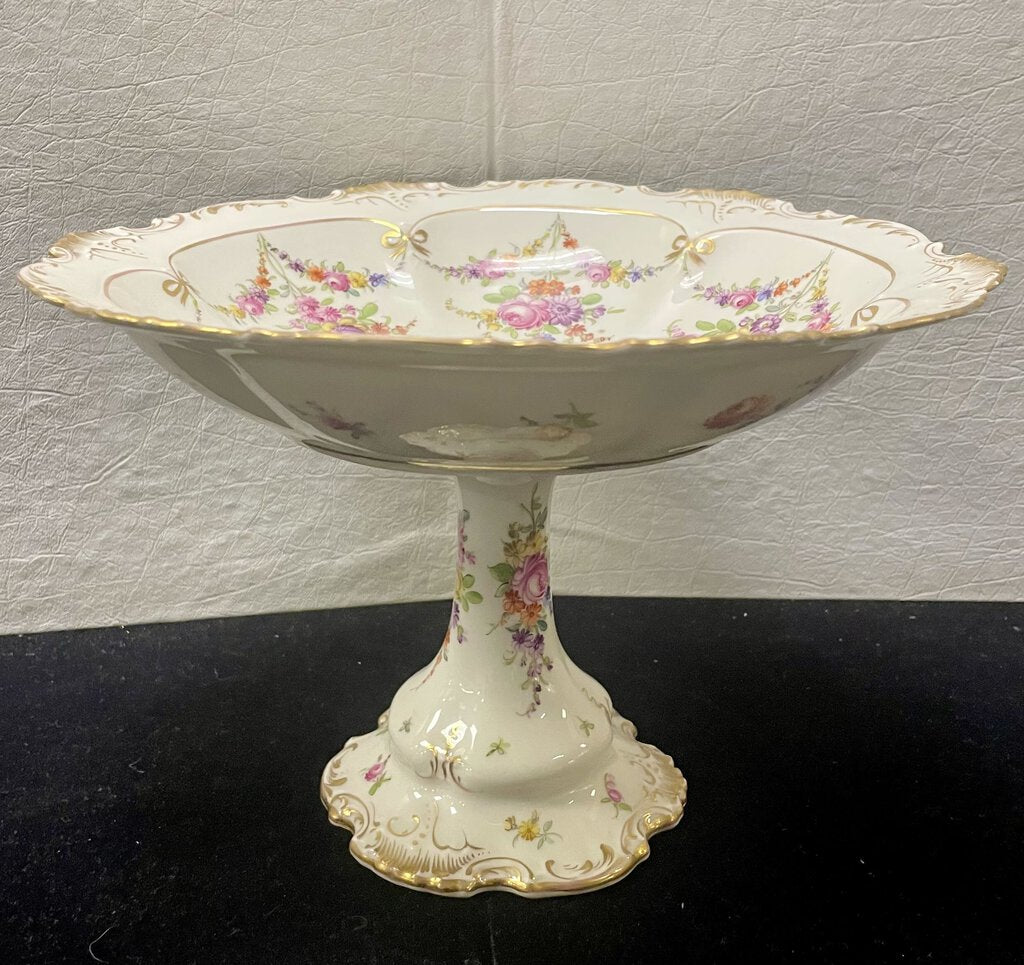 Dresden Floral Gilt Porcelain Footed Pedestal Fruit Bowl