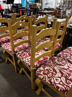 Pine Dining Chairs With Red Ikat Cushions 8 (2 Captains 2 Side Chairs)