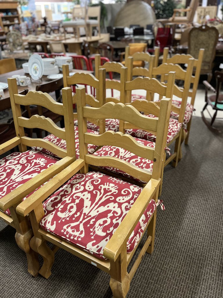 Pine Dining Chairs With Red Ikat Cushions 8 (2 Captains 2 Side Chairs)