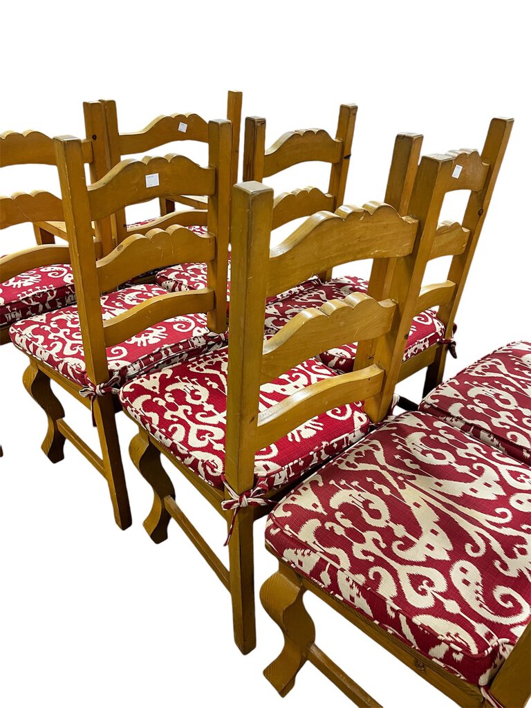 Pine Dining Chairs With Red Ikat Cushions 8 (2 Captains 2 Side Chairs)