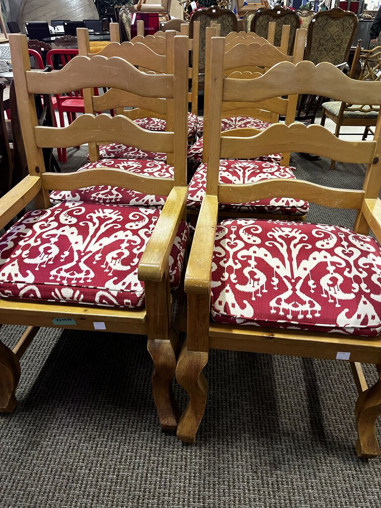 Pine Dining Chairs With Red Ikat Cushions 8 (2 Captains 2 Side Chairs)