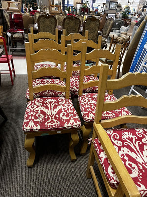 Pine Dining Chairs With Red Ikat Cushions 8 (2 Captains 2 Side Chairs)