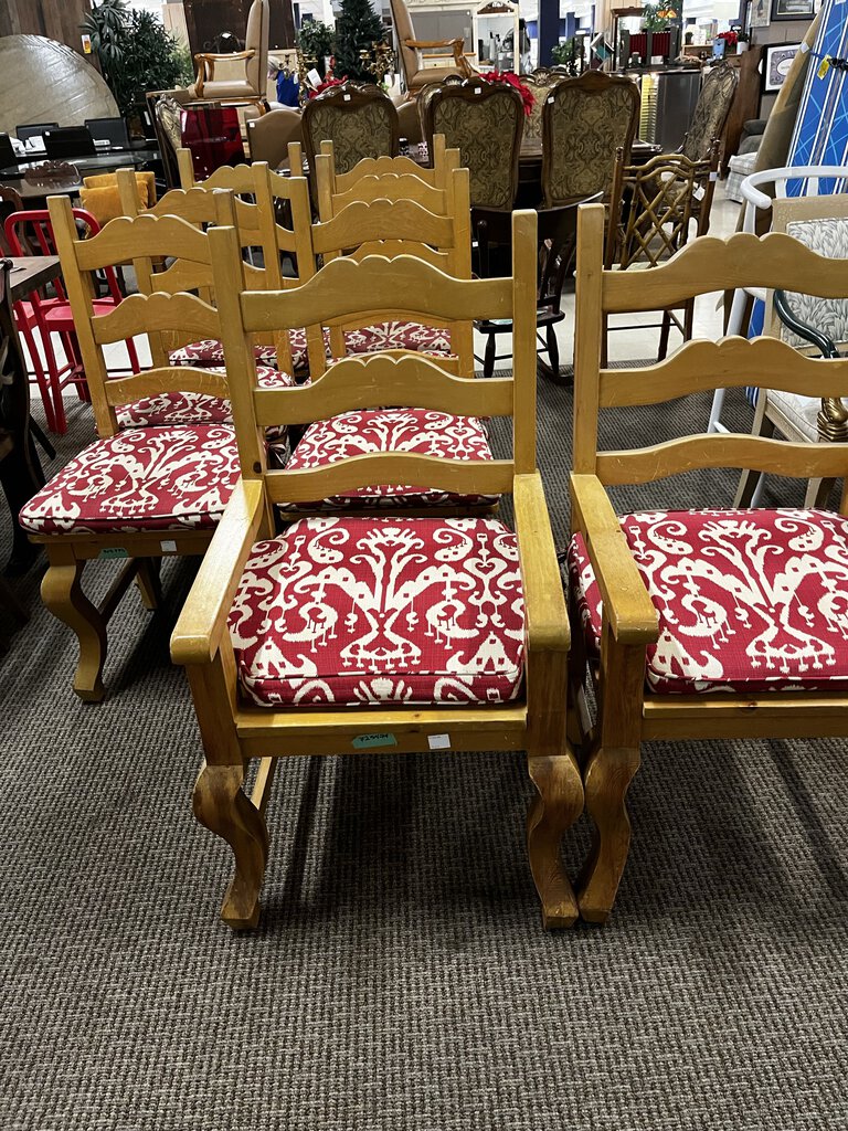 Pine Dining Chairs With Red Ikat Cushions 8 (2 Captains 2 Side Chairs)