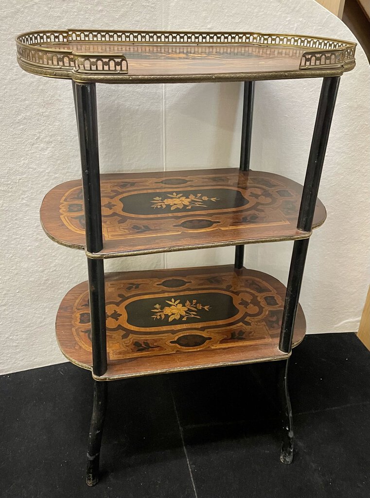 French Style Three Tiered Marquetry Inlaid Etagere Accent Table