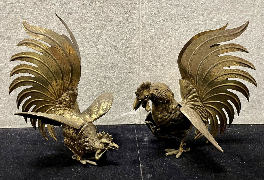 Vintage Japanese Brass Cast Fighting Roosters (Set 2)