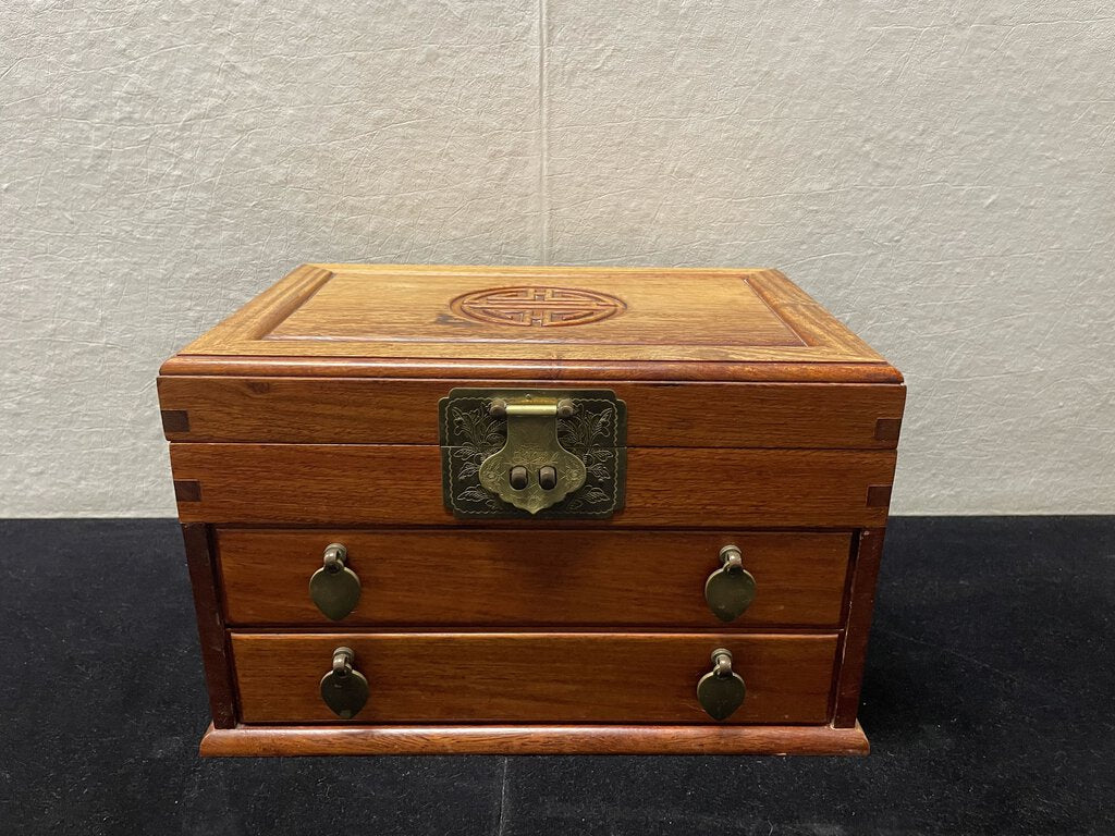 Vintage Chinese Rosewood Jewelry Box w/ Brass Hardware