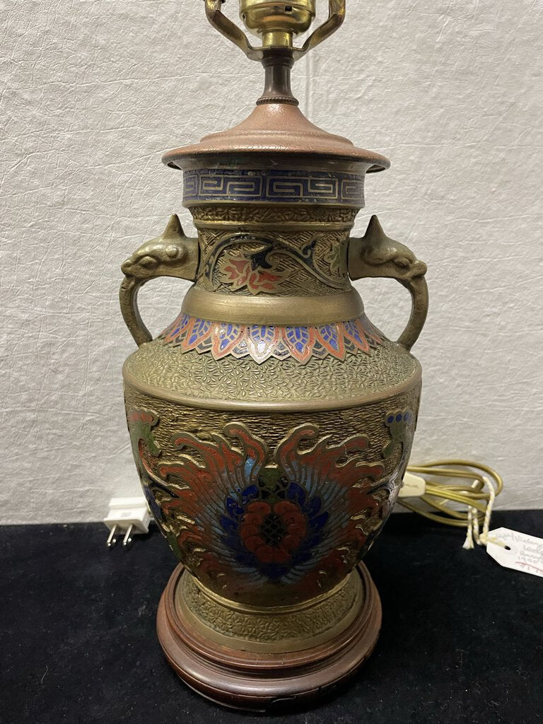 Antique East Asian Champleve Enamel Cloisonne Style Brass Table Lamp