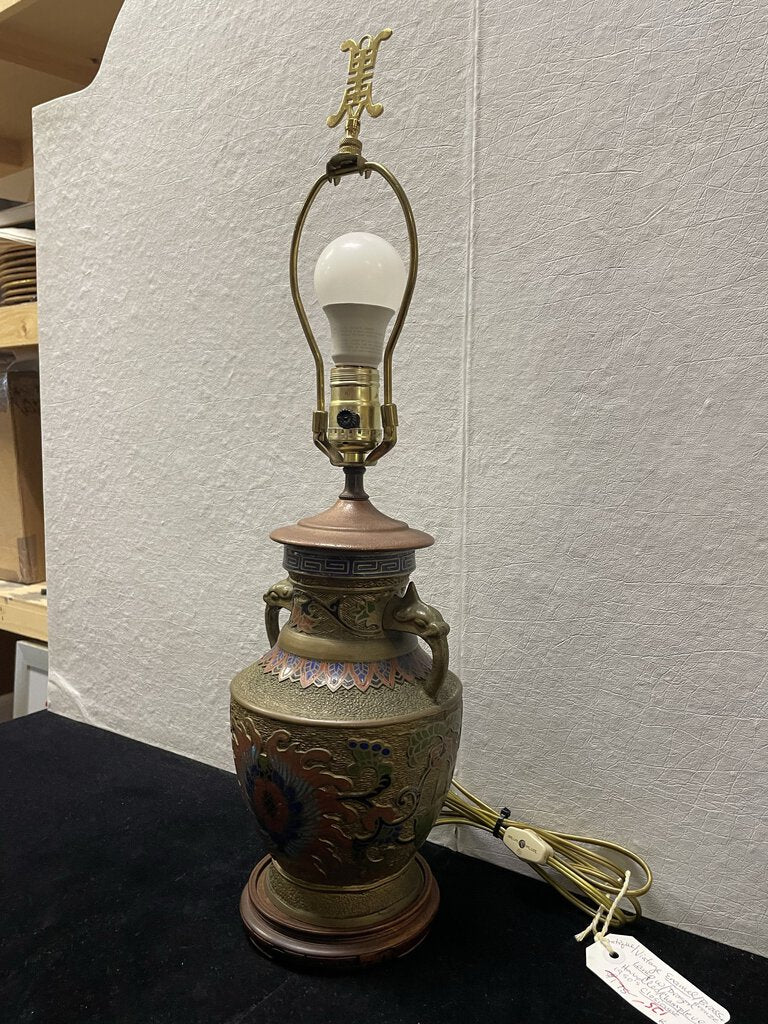 Antique East Asian Champleve Enamel Cloisonne Style Brass Table Lamp