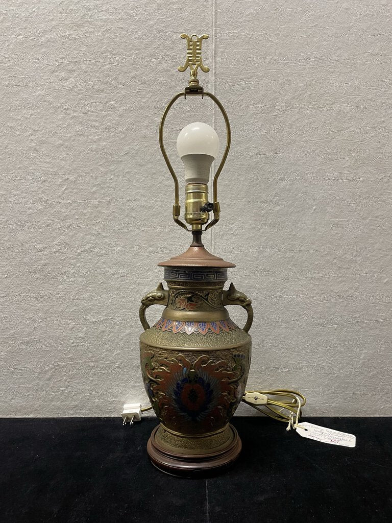 Antique East Asian Champleve Enamel Cloisonne Style Brass Table Lamp