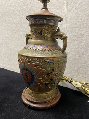 Antique East Asian Champleve Enamel Cloisonne Style Brass Table Lamp