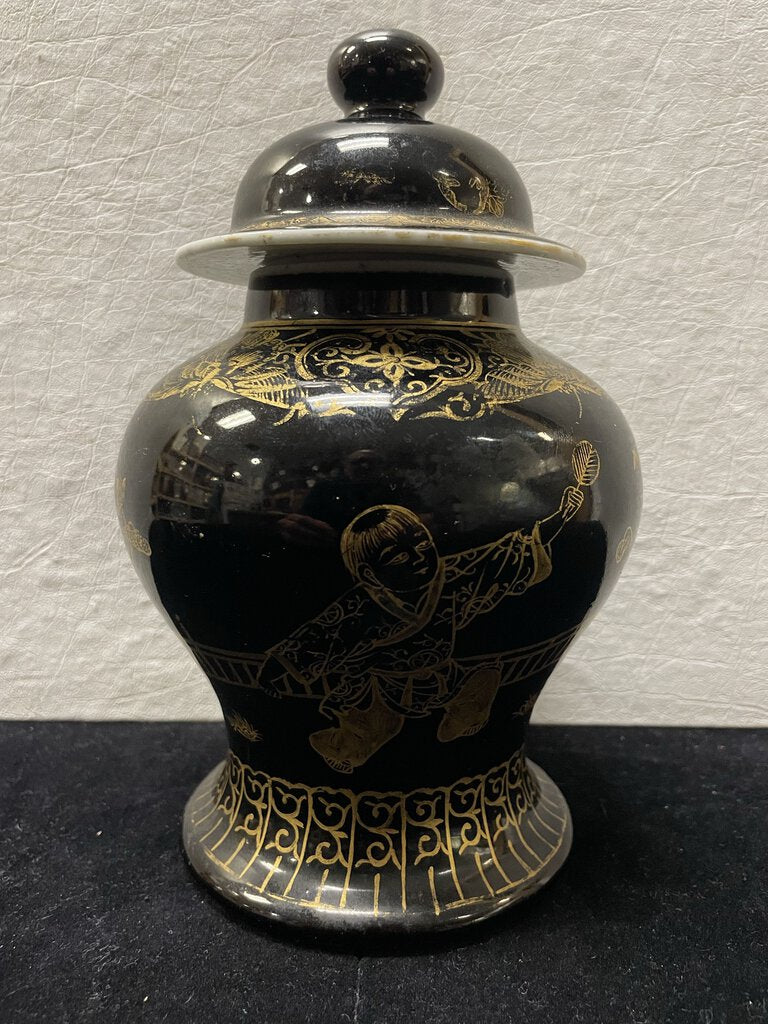 Vintage Chinese Black Hand Painted Gilt Lidded Porcelain Jar