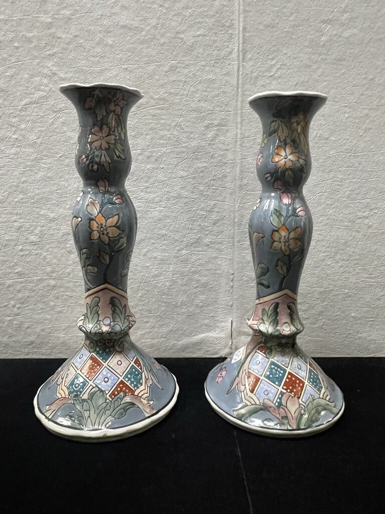 Vintage Chinese Enamel Hand Painted Porcelain Candle Stick Holders (PAIR)