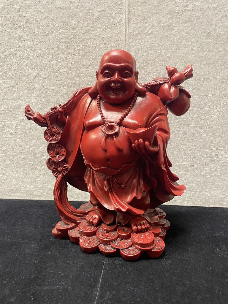 Asian Red Lacquer Resin Cast Laughing Buddha Prosperity