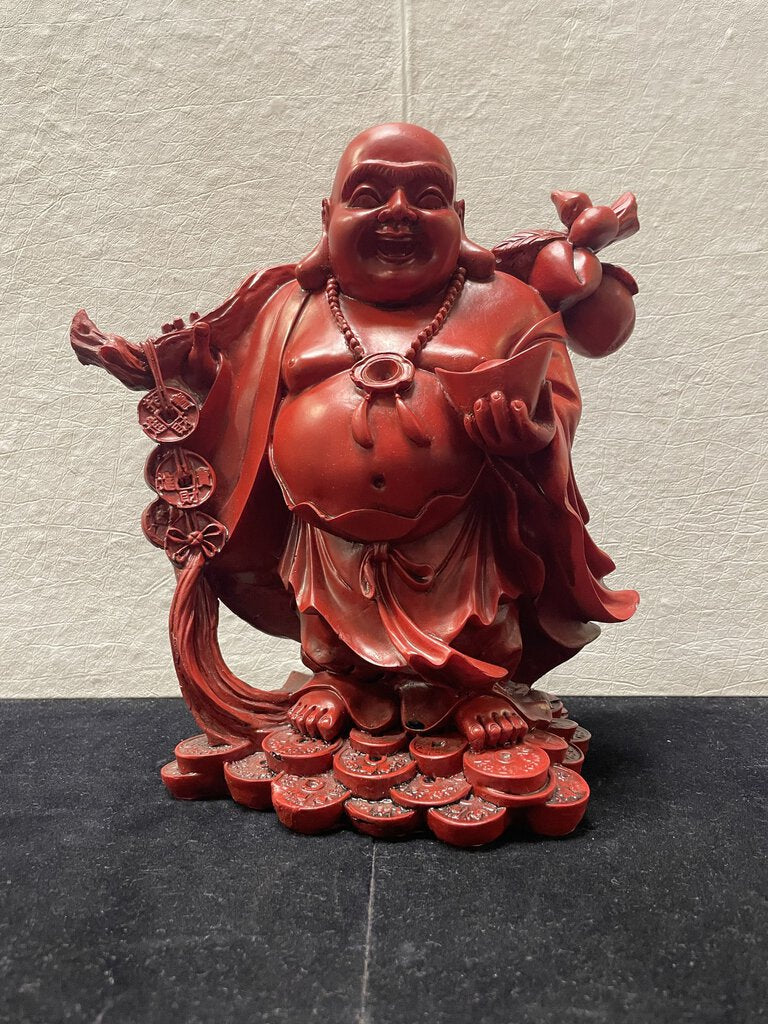 Asian Red Lacquer Resin Cast Laughing Buddha Prosperity