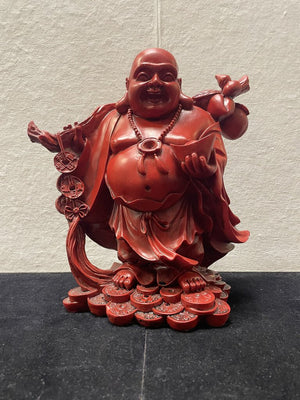 Asian Red Lacquer Resin Cast Laughing Buddha Prosperity