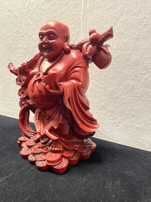 Asian Red Lacquer Resin Cast Laughing Buddha Prosperity