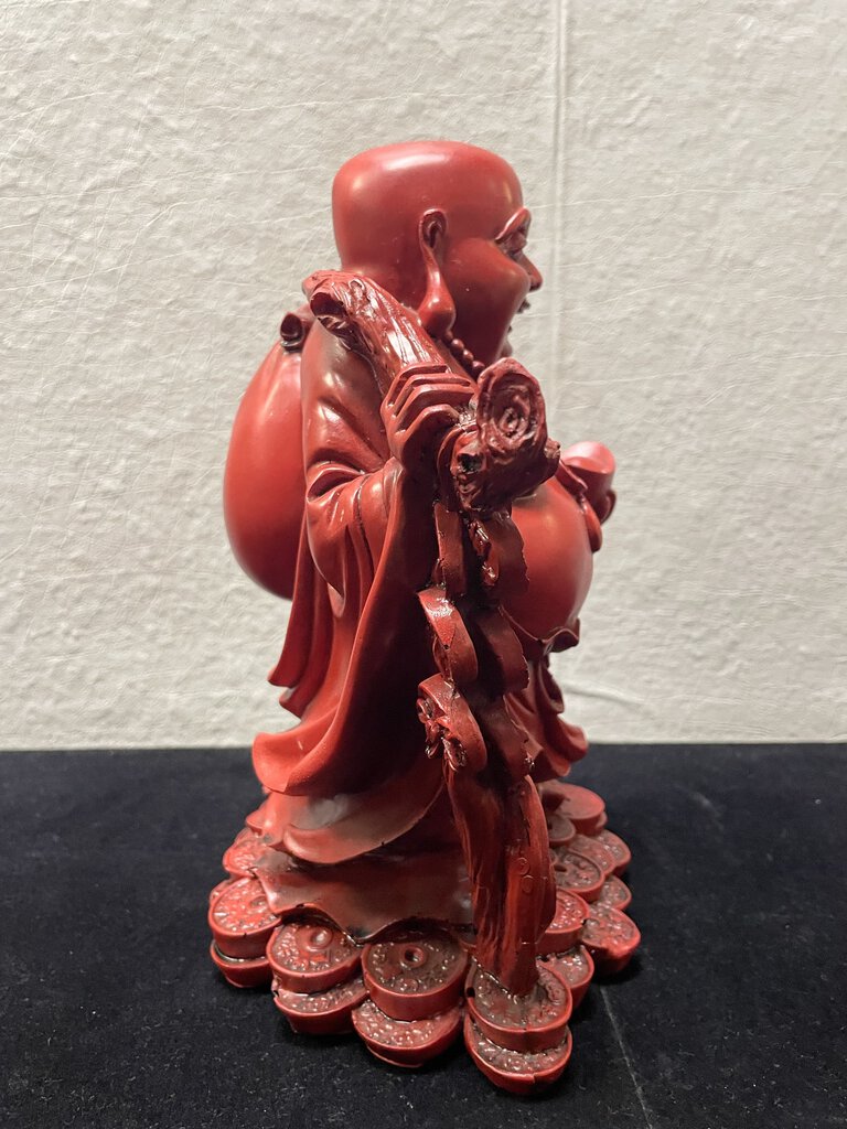 Asian Red Lacquer Resin Cast Laughing Buddha Prosperity