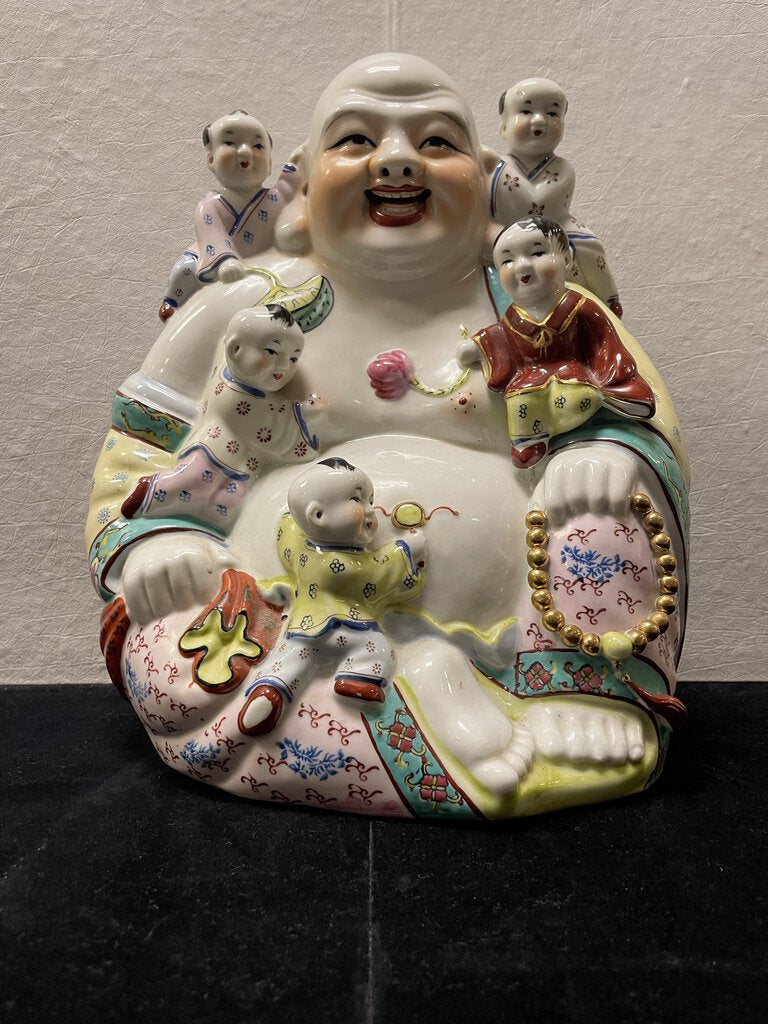 Vintage White Hand Painted Gilt Porcelain Buddha with Children