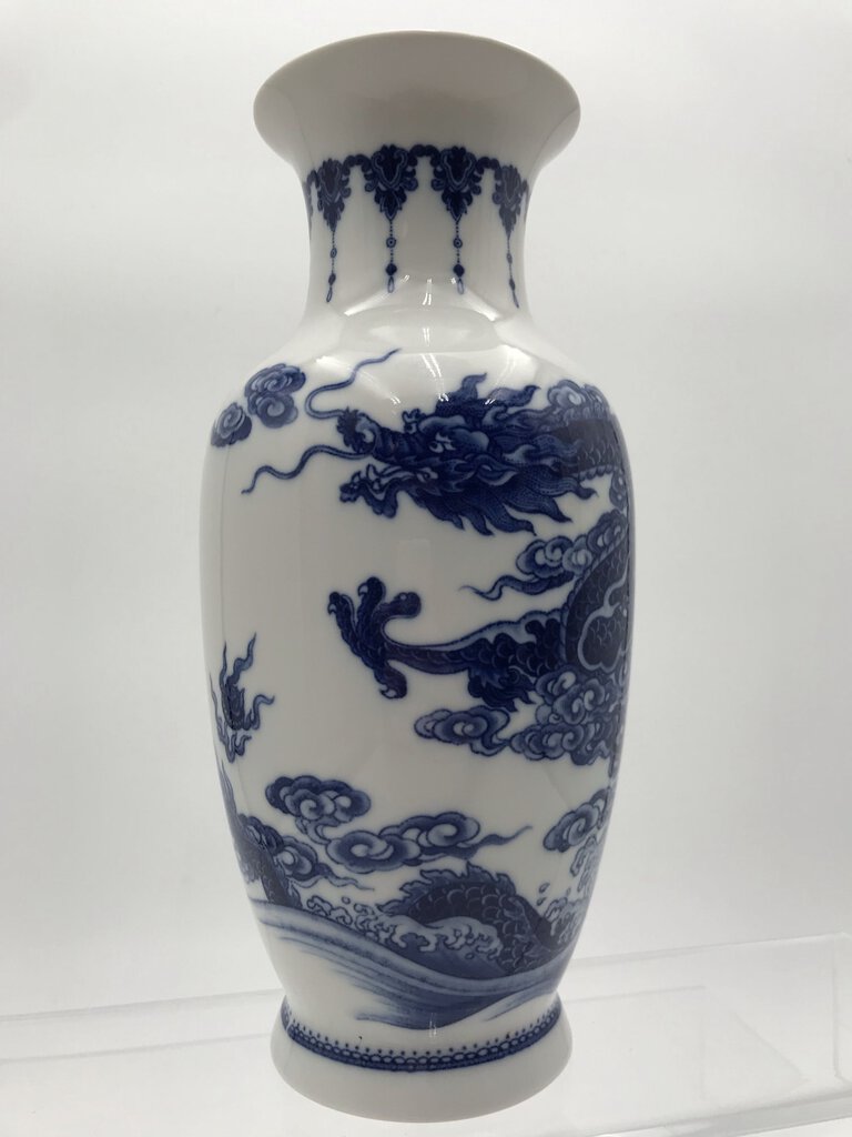 Blue White Glazed Ceramic Japanese Vase Dragon Motif 11" Tall