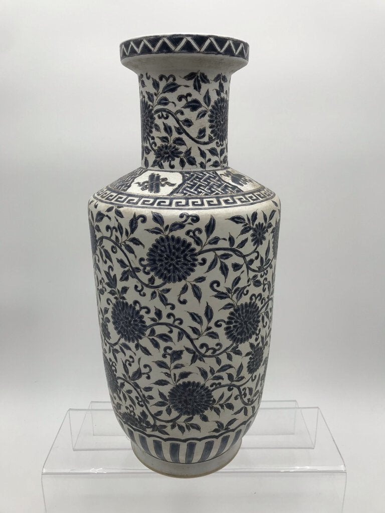 Blue White Glazed Ceramic Vase Floral Motif 16" Tall