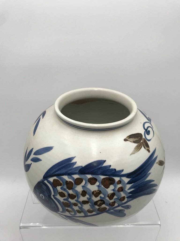 Ceramic Asian Blue White Fish Motif Vase 11" Tall