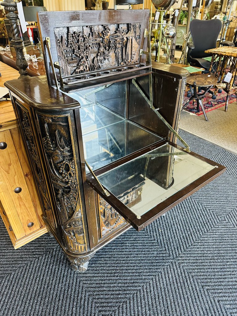 Asian Carved Cocktail Bar Cabinet