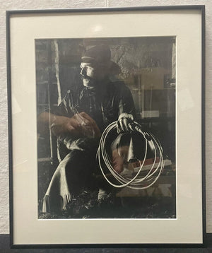 Black and White Photo Cowboy with His Rope