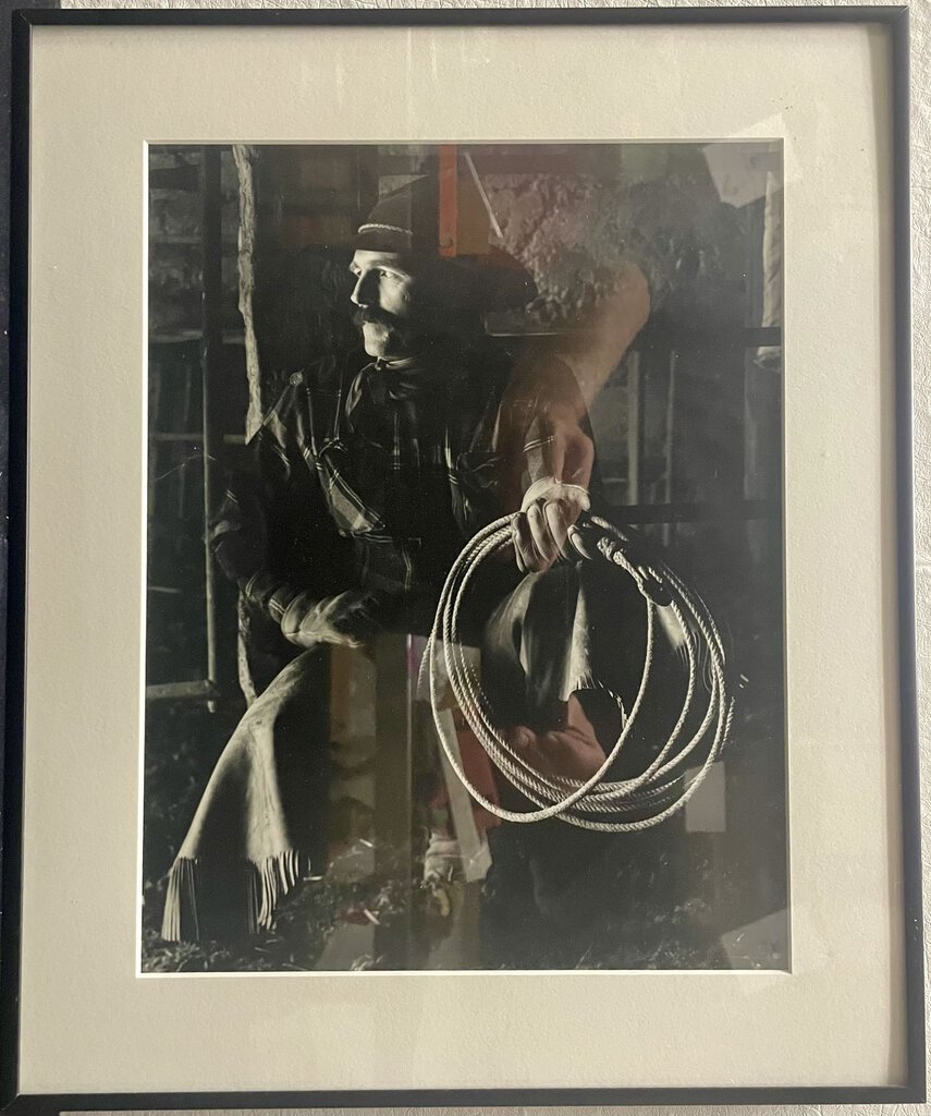 Black and White Photo Cowboy with His Rope