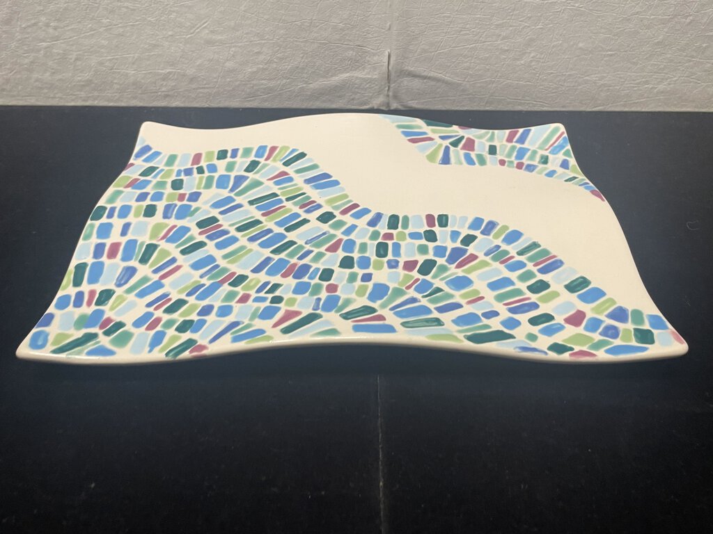 Debo Hand Made and Painted Signed Colorful Brick Pattern Undulating Dish