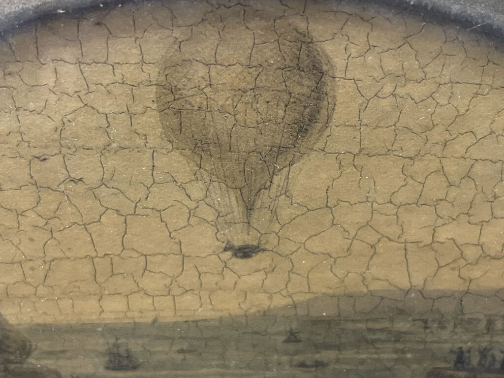18th C. French Reverse Painting on Glass Flight over The English Channel Hot Air Balloon 1785