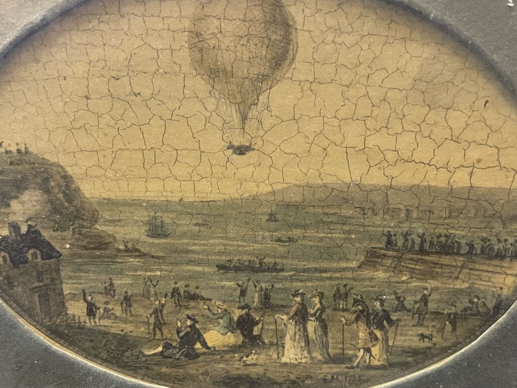 18th C. French Reverse Painting on Glass Flight over The English Channel Hot Air Balloon 1785