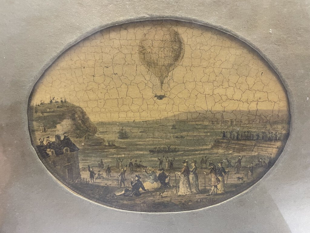 18th C. French Reverse Painting on Glass Flight over The English Channel Hot Air Balloon 1785