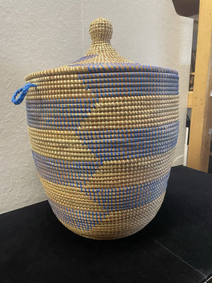 African Moroccan Style Blue Natural Woven Lidded Handled Basket