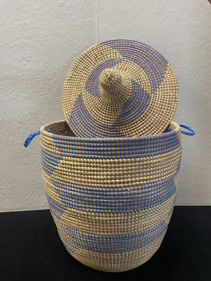 African Moroccan Style Blue Natural Woven Lidded Handled Basket