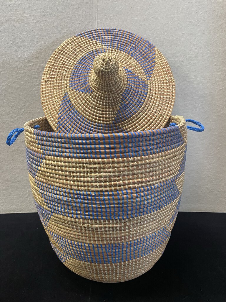 African Moroccan Style Blue Natural Woven Lidded Handled Basket