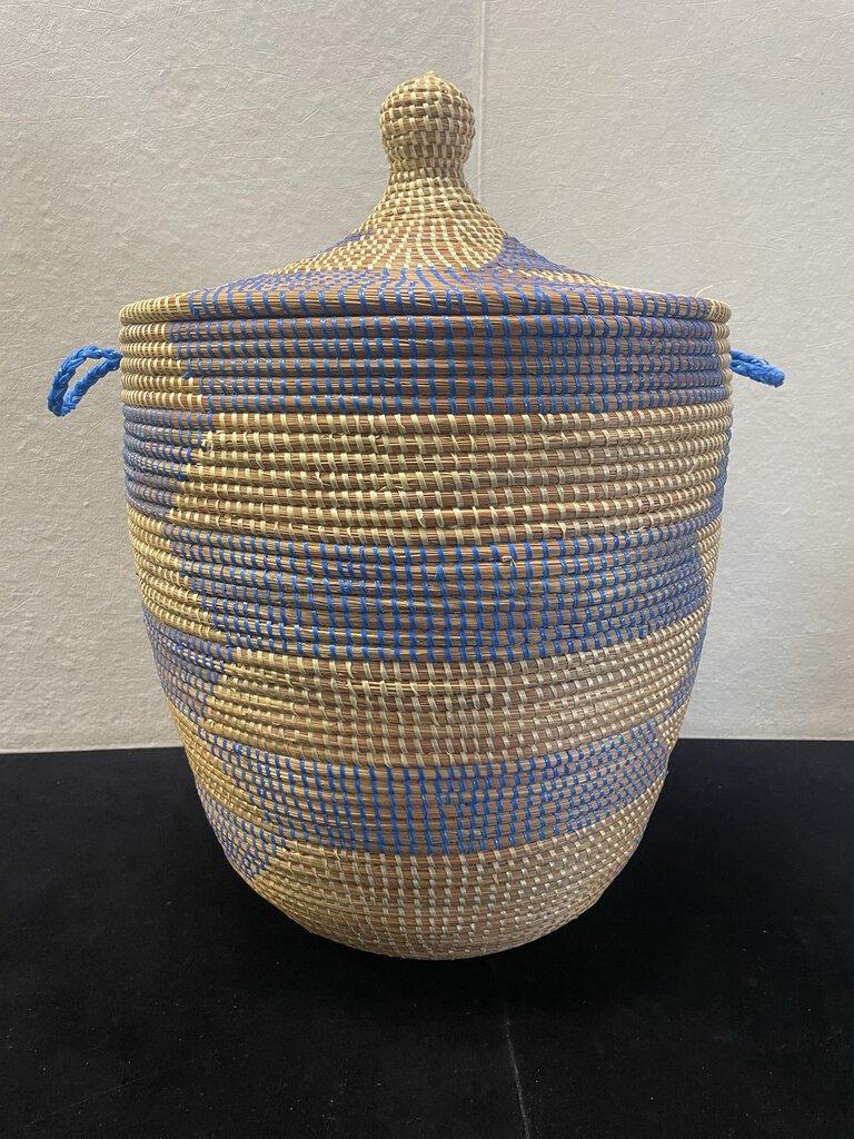 African Moroccan Style Blue Natural Woven Lidded Handled Basket