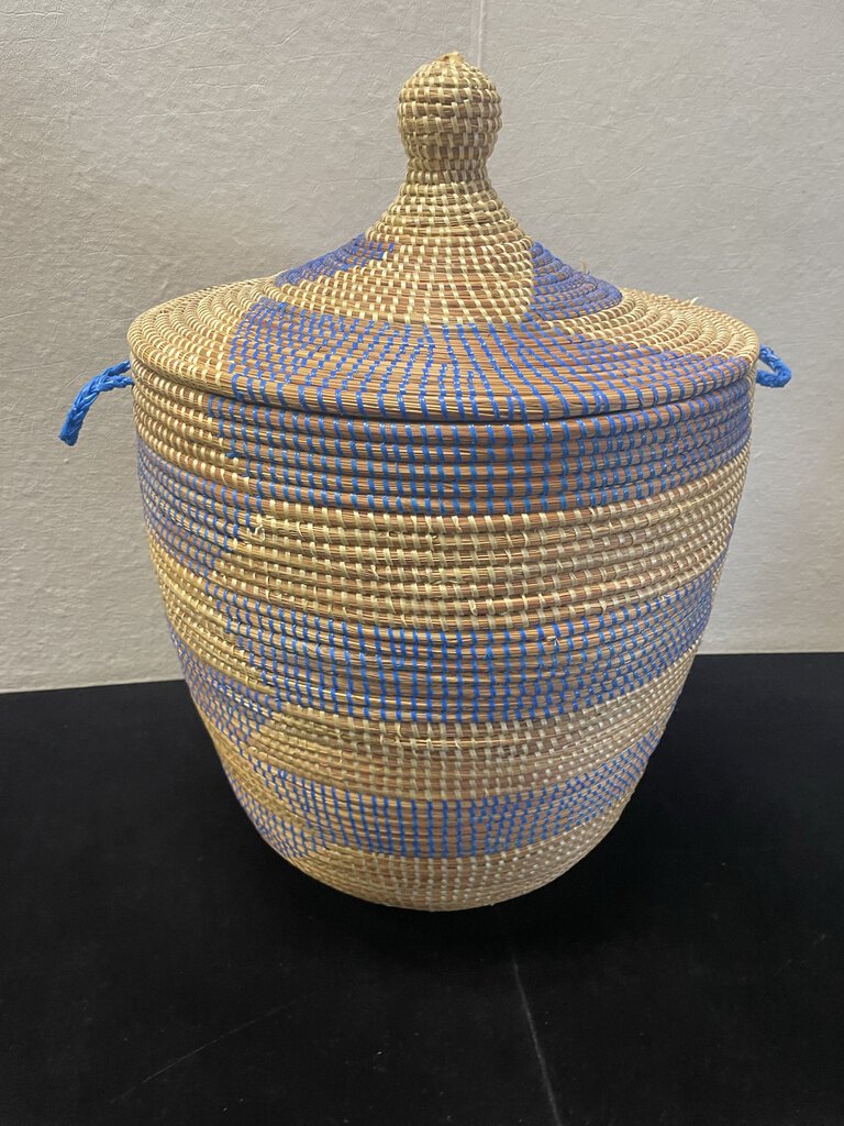 African Moroccan Style Blue Natural Woven Lidded Handled Basket