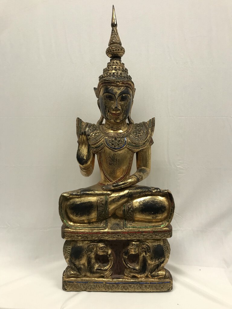 Wooden Buddha Statue W/ Colored Glass Inlay 37" Tall