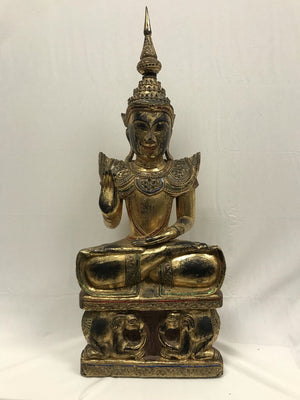 Wooden Buddha Statue W/ Colored Glass Inlay 37" Tall