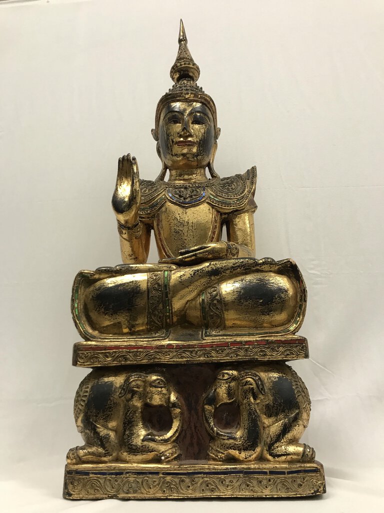 Wooden Buddha Statue W/ Colored Glass Inlay 37" Tall